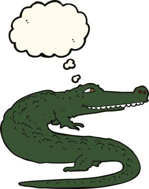 Bir insan tarafından çizilmiş düşünce baloncuklu timsah çizgi filmi.