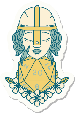 İnsan dövüşçüsünün çıkartması. Bir insan tarafından çizilmiş 20 D20 zarlı.