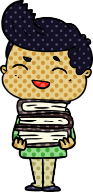 Çizgi filmdeki adam elinde bir insan tarafından çizilmiş kitaplar tutarak gülüyor.