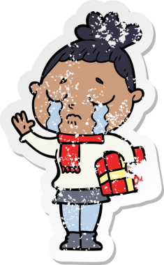 Üzüntülü bir karikatür çıkartması. Ağlayan bir kadın. Bir insan tarafından çizilmiş Noel hediyesi.