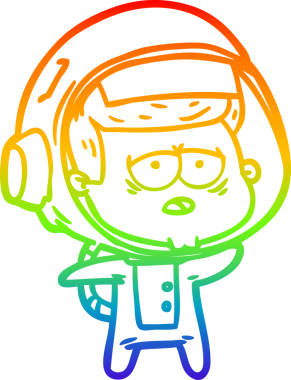 Gökkuşağı gradyan çizgi çizimi bir insan tarafından çizilmiş yorgun astronot