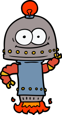 Bir insan tarafından çizilmiş ampullü mutlu karton robot.