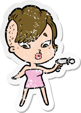 Bir çizgi filmin sıkıntılı çıkartması. Bir insan tarafından çizilmiş ışın tabancasıyla şaşırtılmış bir kız.