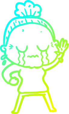 Bir insan tarafından çizilmiş ağlayan ve el sallayan yaşlı bir kadının çizgi film çizimi.