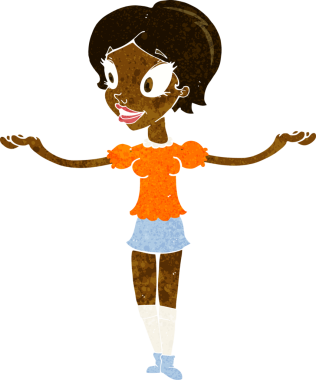 Bir insan tarafından çizilmiş, kolları açık bir karikatür kadın.