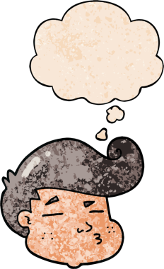 Bir insan tarafından çizilmiş grunge desenli düşünce baloncuklu çizgi film çocuğunun yüzü.