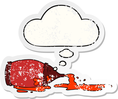 Düşünce baloncuklu ketçap şişesi insan tarafından çizilmiş yıpranmış bir çıkartma gibi yere döküldü.