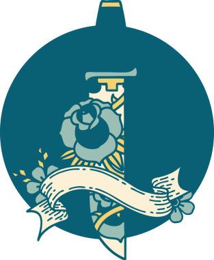 bir hançer ve bir insan tarafından çizilmiş çiçeklerle dövme stili simgesi