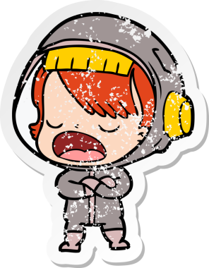 Bir insan tarafından çizilmiş sıkıntılı bir karikatür çıkartması konuşan astronot.