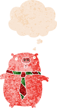 Ofis kravatlı çizgi film domuzu Grunge 'da düşünce baloncuğu olan sıkıntılı eski moda bir insan tarafından çizilmiş.