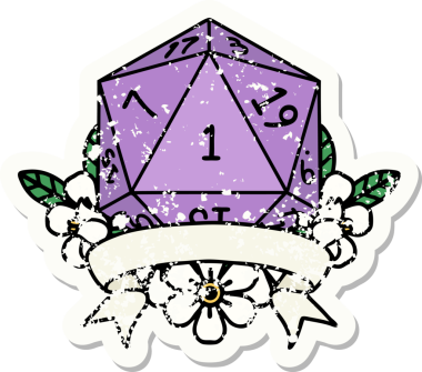 Bir insan tarafından çizilmiş doğal bir d20 zarının grunge çıkartması.