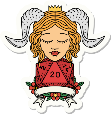 Bir insan tarafından çizilmiş doğal yirmi zarla yapıştırılmış bir etiket.