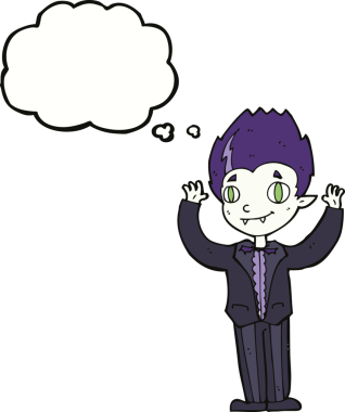 Bir insan tarafından çizilmiş düşünce balonu olan vampir çocuk.