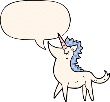 Bir insan tarafından çizilmiş çizgi roman tarzında konuşma balonu olan tek boynuzlu at.