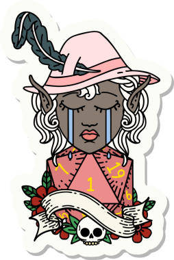 Ağlayan bir elf şair karakterinin çıkartması. İnsan tarafından çizilmiş doğal bir d20 zar.