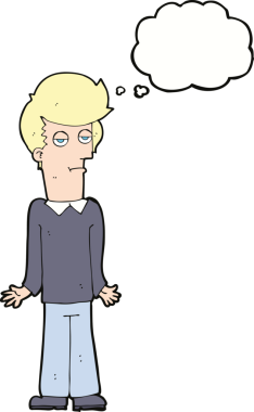 Bir insan tarafından çizilmiş düşünce baloncuğuyla omuz silken karikatür.