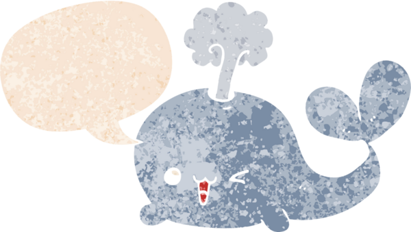 Bir insan tarafından çizilmiş grunge dertli retro tarzı konuşma balinası ile çizgi film balinası