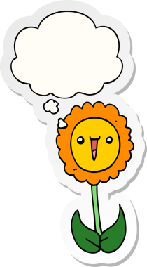 Düşünce baloncuklu karikatür çiçeği insan tarafından çizilmiş bir çıkartma gibi.