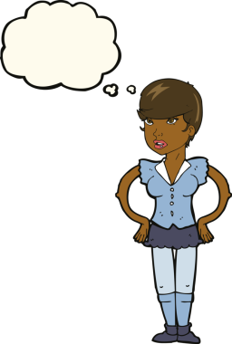 Bir insan tarafından çizilmiş düşünce baloncuğu olan elleri kalçasında çizgi film kadını.