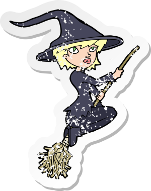 Bir insan tarafından çizilmiş süpürge sopasıyla gezen çizgi film cadısının gerilimli yapıştırması.