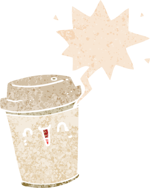 Çizgi film, bir insan tarafından çizilmiş grunge ile konuşma baloncuğu ile kahveyi dışarı çıkarır.