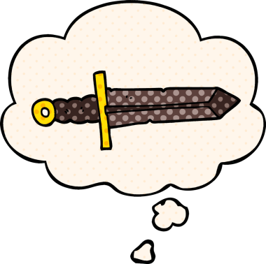 Bir insan tarafından çizilmiş, düşünce baloncuklu çizgi film kılıcı.