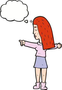 Bir insan tarafından çizilmiş düşünce balonuyla işaret eden çizgi film kadını.