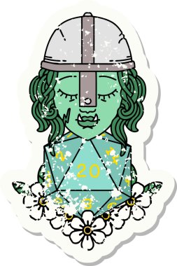 Bir insan tarafından çizilmiş 20 zarlı yarım ork savaşçı karakterinin grunge sticker 'ı.