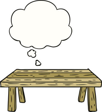 Bir insan tarafından çizilmiş düşünce baloncuklu çizgi film masası.