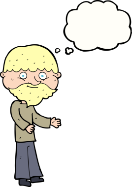 Bir insan tarafından çizilmiş düşünce baloncuğu olan mutlu sakallı adam.