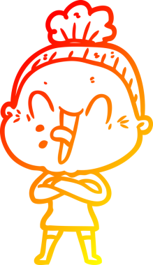 Bir insan tarafından çizilmiş mutlu, yaşlı bir kadının sıcak çizgi çizimi.