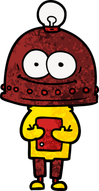 Bir insan tarafından çizilmiş ampullü mutlu karton robot.