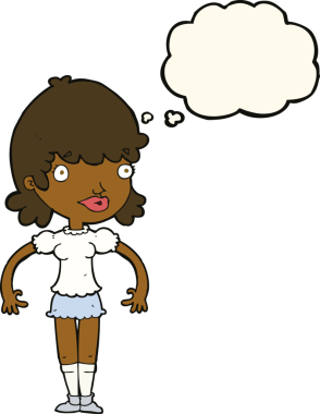 Bir insan tarafından çizilmiş düşünce balonlu mutlu kadın çizgi filmi.