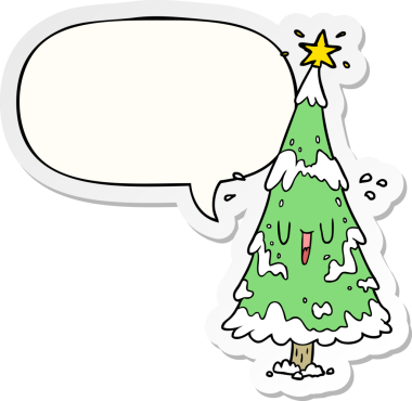 Bir insan tarafından çizilmiş balon çıkartmalı neşeli yüzlü karlı noel ağacı.