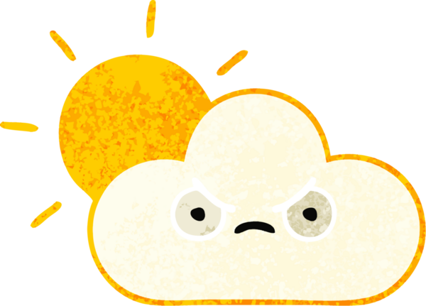 Bir insan tarafından çizilmiş güneş ışığı ve bulutun retro çizim tarzı karikatürü