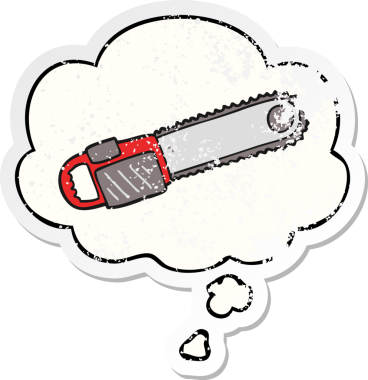 Düşünce baloncuklu testereli çizgi film testeresi insan tarafından çizilmiş yıpranmış bir çıkartma gibidir.