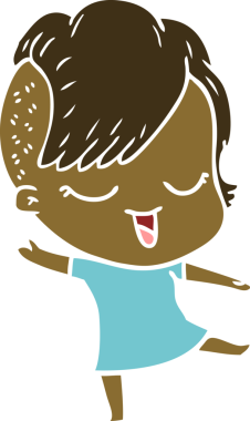 Bir insan tarafından çizilmiş mutlu düz renkli çizgi film kızı.