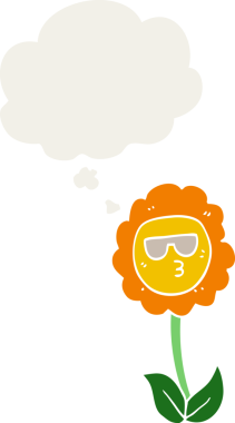 Düşünce baloncuğu olan karikatür çiçeği insan tarafından çizilmiş.