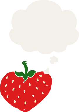 Düşünce baloncuklu karikatür çileği bir insan tarafından çizilmiş.