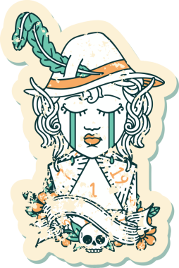 Retro Dövme Tarzı Ağlayan Elf karakter yüzü Bir insan tarafından çizilen d20 zar ile