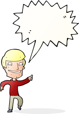 Bir insan tarafından çizilmiş konuşma balonuyla işaret eden mutlu adam çizgi filmi.