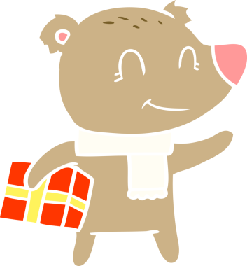 Bir insan tarafından çizilmiş Noel hediyesi ve eşarbı olan dost bir ayı.