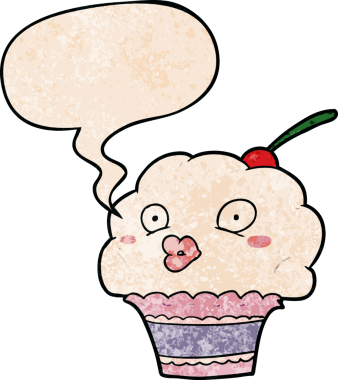 Bir insan tarafından çizilmiş geçmişe dönük konuşma baloncuklu komik bir kek.