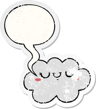 Konuşma baloncuğu olan sevimli çizgi film bulutu bir insan tarafından çizilmiş sıkıntılı eski bir çıkartma