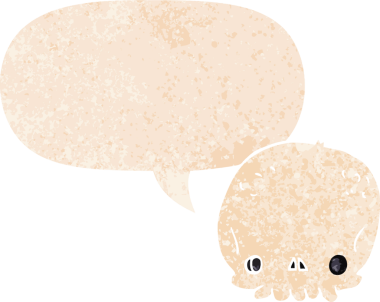 grunge 'da konuşma baloncuğu olan karikatür kafatası bir insan tarafından çizilmiş gerilimli retro stil