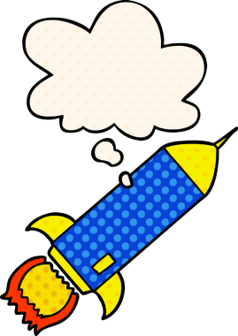 Bir insan tarafından çizilmiş, düşünce baloncuklu çizgi roman roketi.