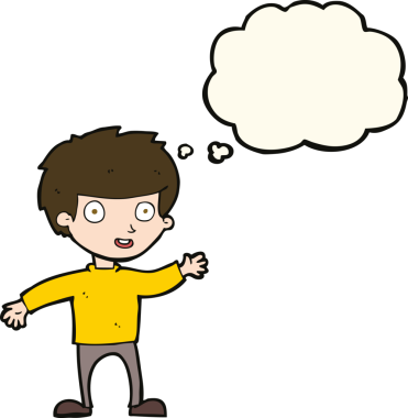 Bir insan tarafından çizilmiş düşünce balonu olan mutlu çocuk çizgi filmi.