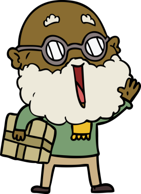 Bir insan tarafından çizilmiş sakallı ve kolunun altında paket olan neşeli çizgi film adamı.