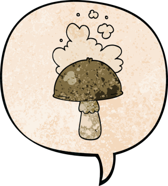 Spor bulutlu karikatür mantarı. Konuşma baloncuğu ve insan tarafından çizilmiş retro doku.