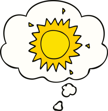 Bir insan tarafından çizilmiş düşünce baloncuklu çizgi film güneşi.